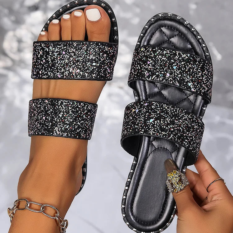 Bequeme, glitzernde Pailletten-Hausschuhe mit doppeltem Riemen und runder Zehenform