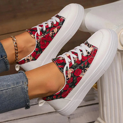 Halloween Skull Rose Colorful Floral Pattern Lace-Up Casual Shoes