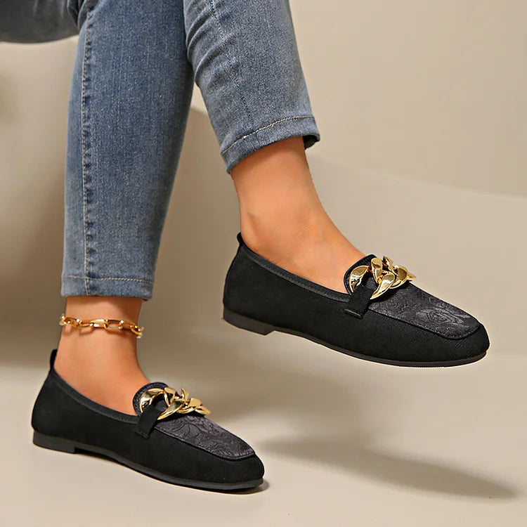 Loafer mit floralem Jacquard-Patchwork, Metallkettendekor und runder Zehenform