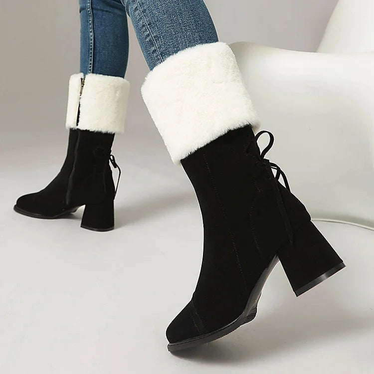 Festliche Farbblock-Stiefel mit kuscheligem Besatz, Schnürung, quadratischer Zehenpartie und robustem Absatz