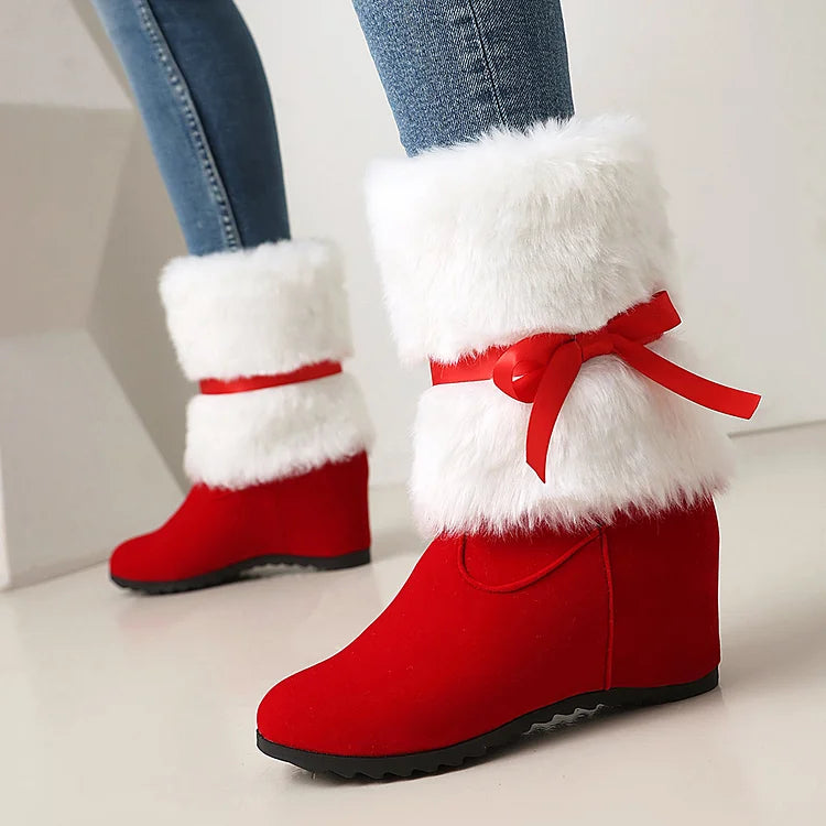 Flauschige, weihnachtliche Stiefel mit runder Zehenpartie, Keilabsatz und Schleifenbindung