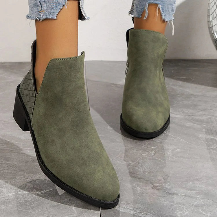 Blumenmuster Stiefeletten mit Patchwork-Reißverschluss und spitzem Zehenbereich