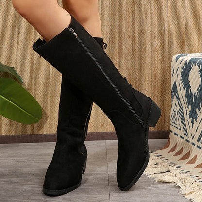 Leopardenmuster Stiefel mit Reißverschluss, spitzer Zehenpartie und klobigem Absatz, mittelhohe Wadenhöhe
