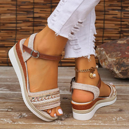 Woven Pattern Beaded Rhinestone Ankle Strap Buckle, Peep-Toe Wedge Sandals