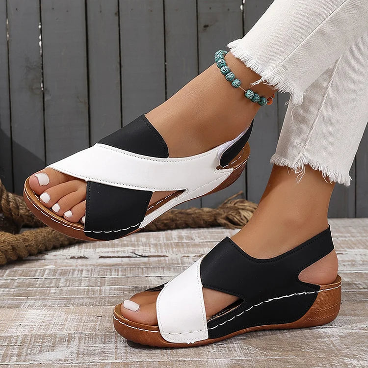 Farbblock Cut-Out Plateau Slingback Sandalen mit Magischem Riemen und Klettverschluss