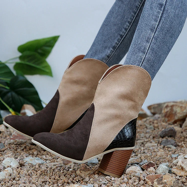 Farbblock-Stiefel mit V-Rillen, runder Zehenpartie und klobigem Absatz bis zur Wadenmitte