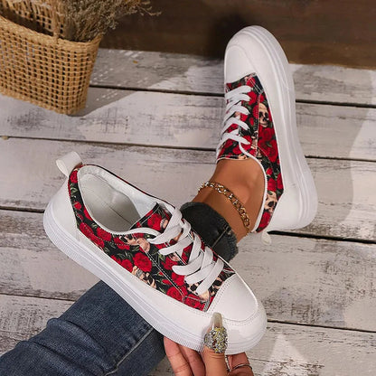 Halloween Skull Rose Colorful Floral Pattern Lace-Up Casual Shoes