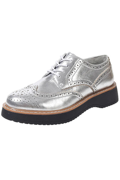 Metallisch glänzende Patchwork-Brogue-Oxfords mit runder Zehenpartie und Schnürung