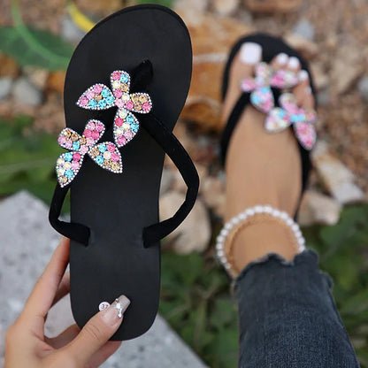 Farbenfrohe Strass-Schmetterlings-Plateau-Flip-Flops für den Strand