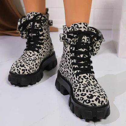 Leopardenmuster Schnürstiefeletten mit Taschendekor und runder Zehenpartie
