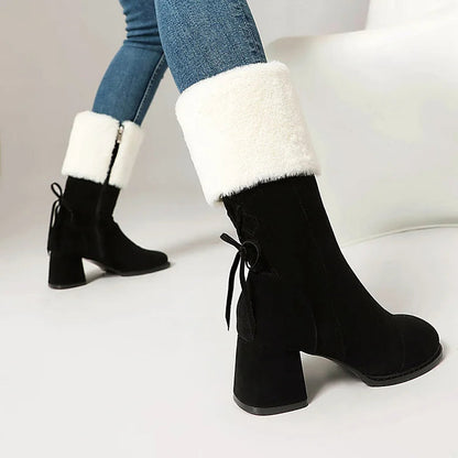 Festliche Farbblock-Stiefel mit kuscheligem Besatz, Schnürung, quadratischer Zehenpartie und robustem Absatz