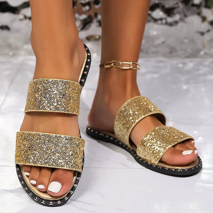 Bequeme, glitzernde Pailletten-Hausschuhe mit doppeltem Riemen und runder Zehenform