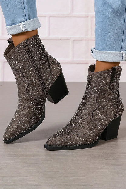 Stiefeletten mit Strassverzierungen, Patchwork-Reißverschluss und spitzem Zehenbereich