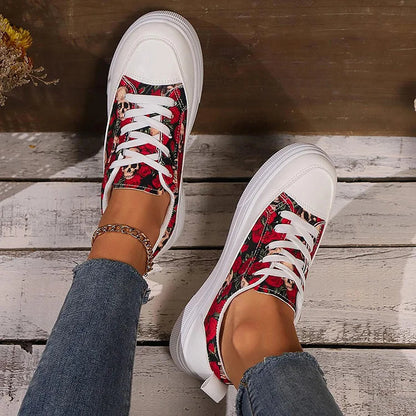 Halloween Skull Rose Colorful Floral Pattern Lace-Up Casual Shoes