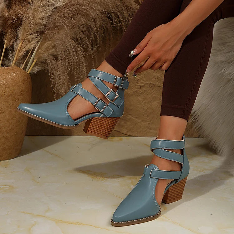 Einfarbige Schnallen-Kreuzriemen-Ankle Boots mit Spitzblockabsatz