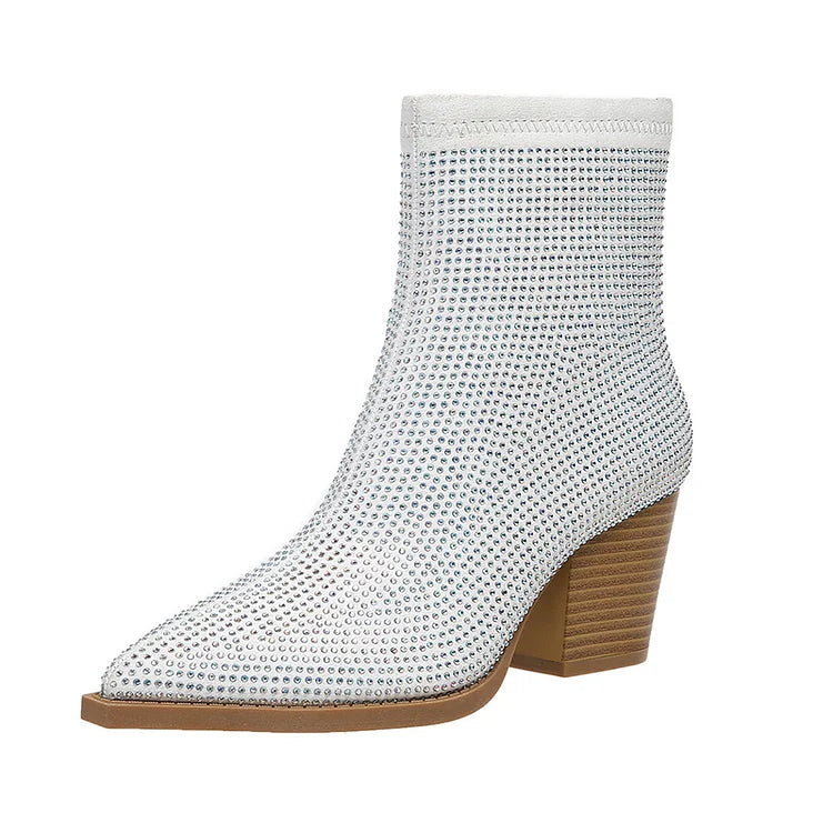 Spitz zulaufende Strass-Stiefeletten mit Reißverschluss und robustem Absatz