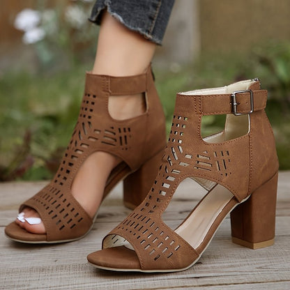 Schick Ausgehöhlte Knöchelriemen Peeptoe mit Schnalle und Schlichten Klobigen Absätzen
