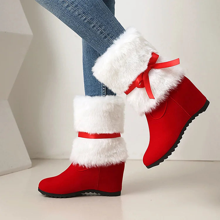 Flauschige, weihnachtliche Stiefel mit runder Zehenpartie, Keilabsatz und Schleifenbindung