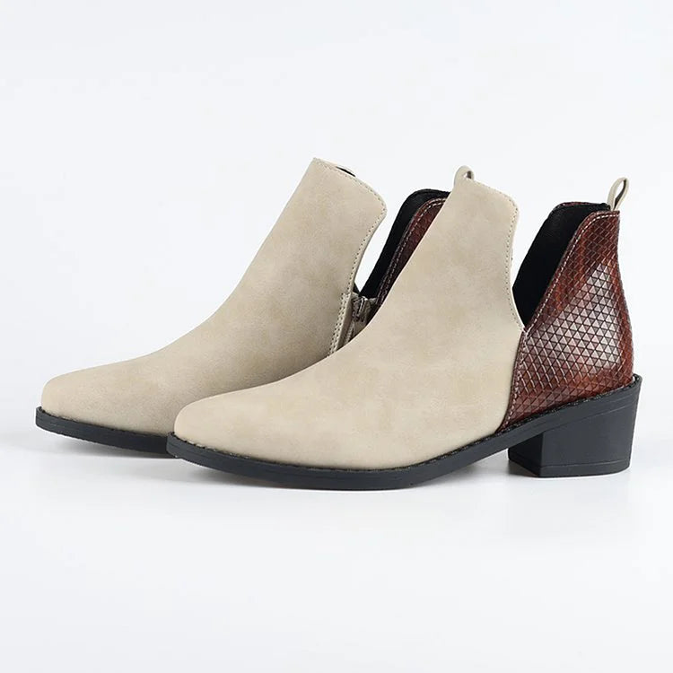 Blumenmuster Stiefeletten mit Patchwork-Reißverschluss und spitzem Zehenbereich