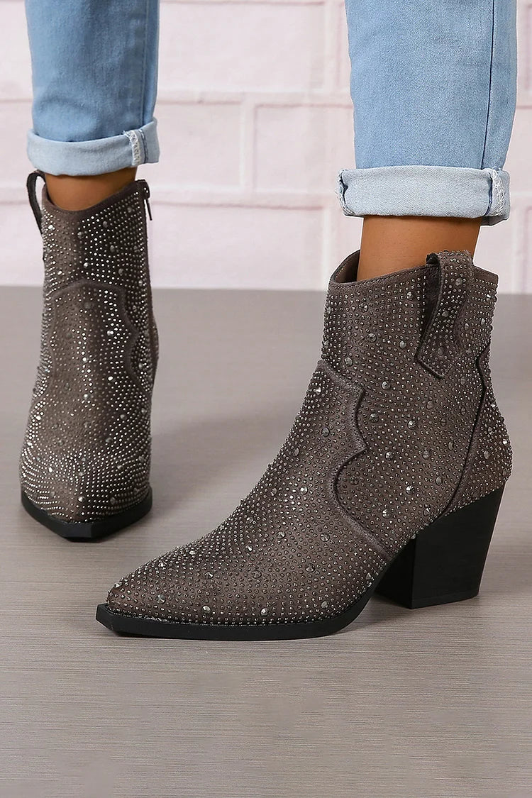 Stiefeletten mit Strassverzierungen, Patchwork-Reißverschluss und spitzem Zehenbereich