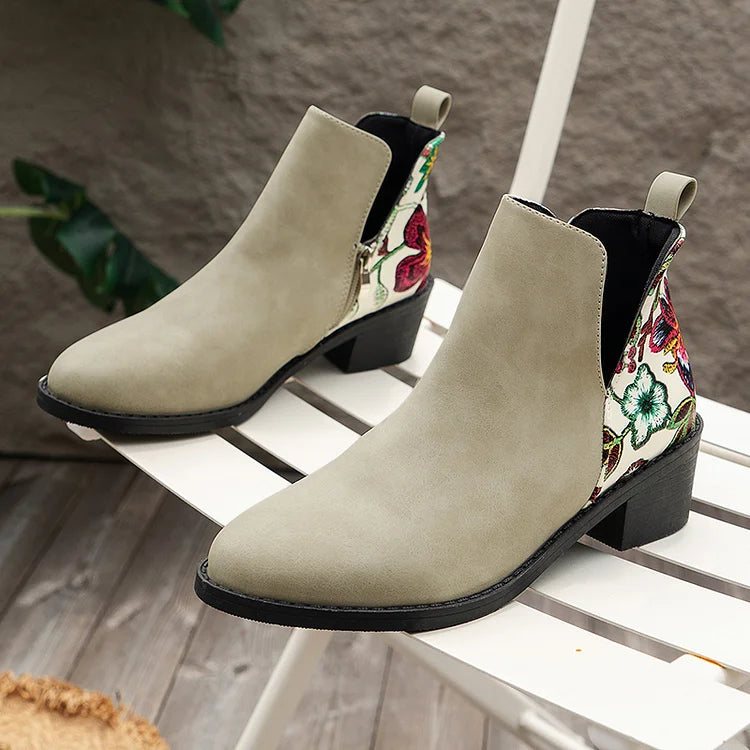 Blumenmuster Stiefeletten mit Patchwork-Reißverschluss und spitzem Zehenbereich