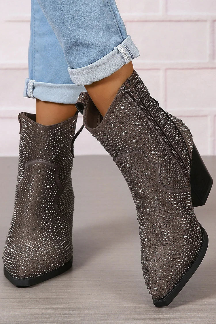Stiefeletten mit Strassverzierungen, Patchwork-Reißverschluss und spitzem Zehenbereich