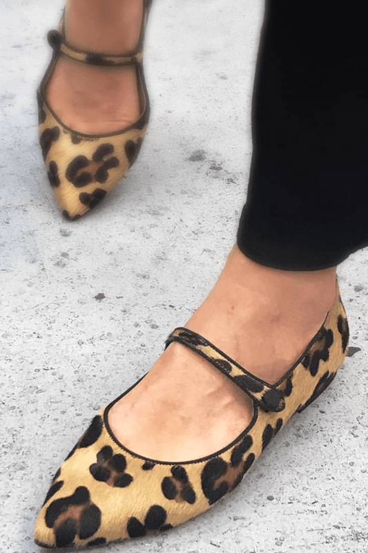 Leopardenmuster Wildlederimitat Ballerinas mit Knöchelriemen