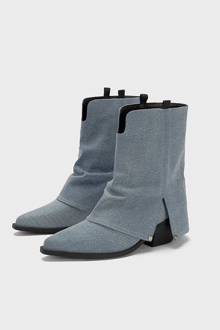 Einfarbige Stiefel mit mittlerer Schafthöhe, spitzem Zehenbereich, Ausschnitt und klobigem Absatz