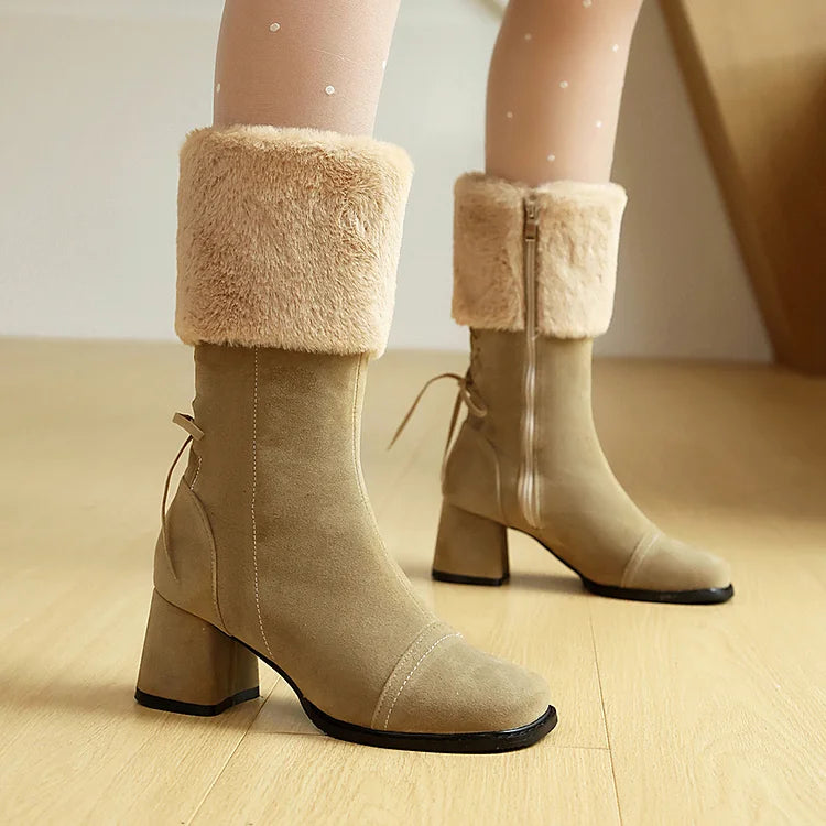 Festliche Farbblock-Stiefel mit kuscheligem Besatz, Schnürung, quadratischer Zehenpartie und robustem Absatz