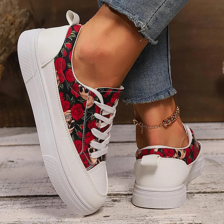 Halloween Skull Rose Colorful Floral Pattern Lace-Up Casual Shoes