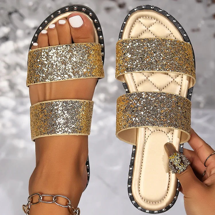 Bequeme, glitzernde Pailletten-Hausschuhe mit doppeltem Riemen und runder Zehenform