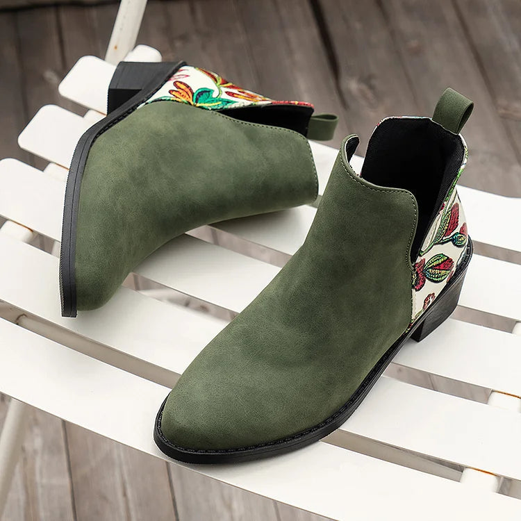 Blumenmuster Stiefeletten mit Patchwork-Reißverschluss und spitzem Zehenbereich