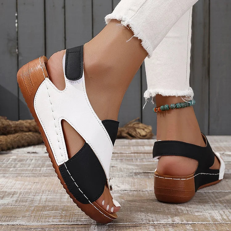 Farbblock Cut-Out Plateau Slingback Sandalen mit Magischem Riemen und Klettverschluss