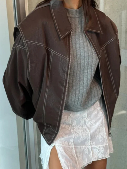 Bruna | Oversized Leder Bomberjacke