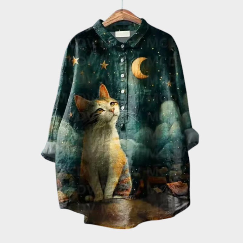 Birgit | Verspielt Oversized-Bluse mit Katzenmuster