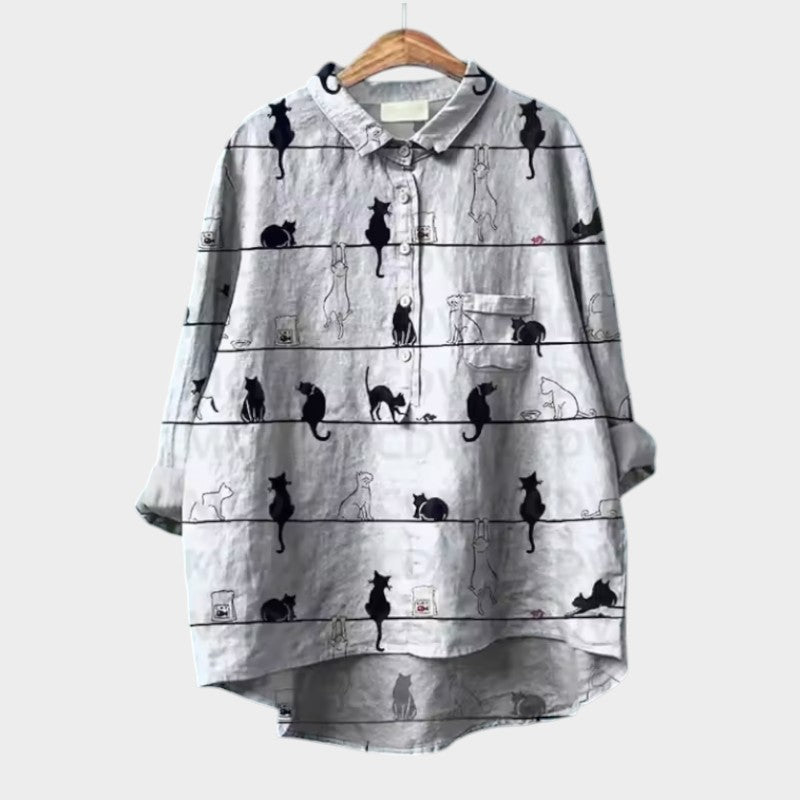 Birgit | Verspielt Oversized-Bluse mit Katzenmuster