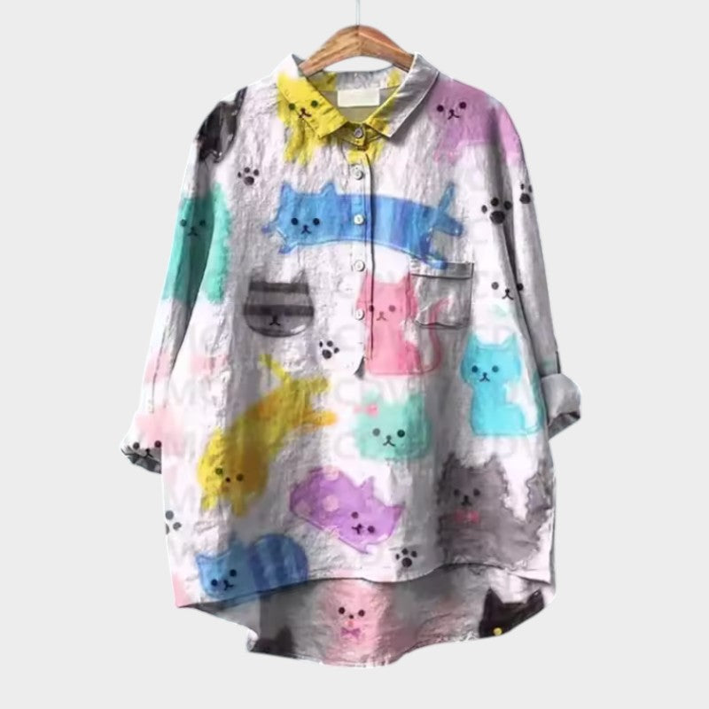 Birgit | Verspielt Oversized-Bluse mit Katzenmuster