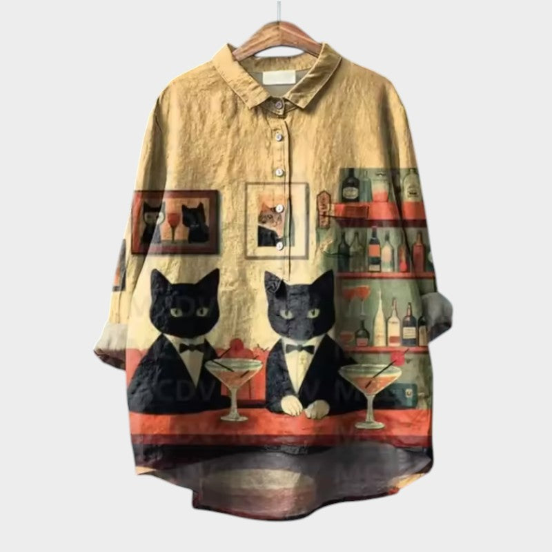 Birgit | Verspielt Oversized-Bluse mit Katzenmuster