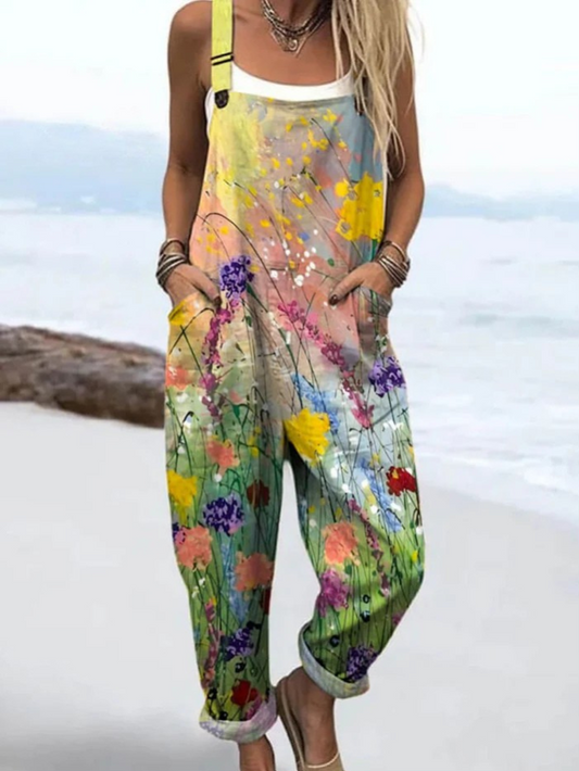 Vintage-Blumenmuster Damen-Jumpsuit mit Kunstgrafik | Sommer-Jumpsuit
