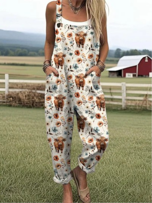Sommer-Jumpsuit mit Highland Cow-Muster und weitem Bein
