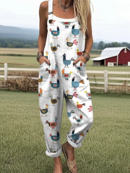 Sommer-Jumpsuit | Weit geschnitten mit lebhaftem Bauernhof-Hühnermuster