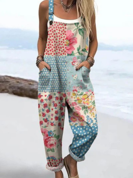 Vintage-Blumenmuster Damen Jumpsuit | Sommerlicher Patchwork-Style