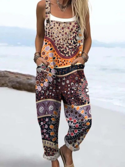 Geometrisches Muster-Jumpsuit im Vintage-Stil mit Kunst-Print – Weit geschnitten für Sommer